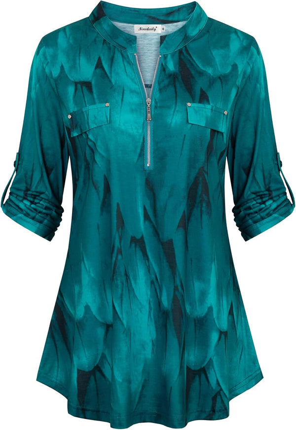 Ninedaily Plaid Zip Tunic Top